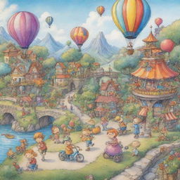 A whimsical, colorful, and creative cartoon sketch filled with characters and scenery, full of life and emotion.