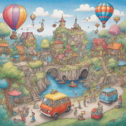 A whimsical, colorful, and creative cartoon sketch filled with characters and scenery, full of life and emotion.