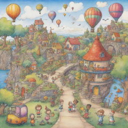 A whimsical, colorful, and creative cartoon sketch filled with characters and scenery, full of life and emotion.