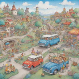 A whimsical, colorful, and creative cartoon sketch filled with characters and scenery, full of life and emotion.