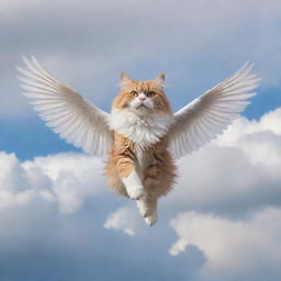 A fluffy cat soaring in the sky with majestic, feathered wings spread wide.