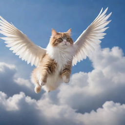 A fluffy cat soaring in the sky with majestic, feathered wings spread wide.