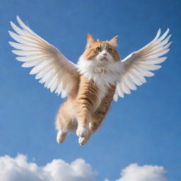 A fluffy cat soaring in the sky with majestic, feathered wings spread wide.