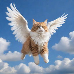 A fluffy cat soaring in the sky with majestic, feathered wings spread wide.