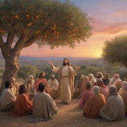 A realistic scene from Biblical times with Jesus teaching a crowd under an olive tree. Sun is setting in the back, coloring the sky with soothing hues of orange and pink.