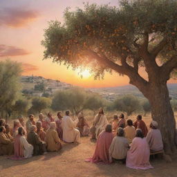 A realistic scene from Biblical times with Jesus teaching a crowd under an olive tree. Sun is setting in the back, coloring the sky with soothing hues of orange and pink.