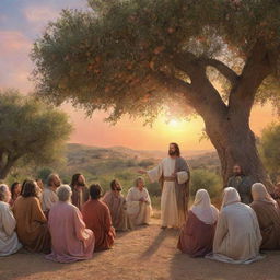 A realistic scene from Biblical times with Jesus teaching a crowd under an olive tree. Sun is setting in the back, coloring the sky with soothing hues of orange and pink.