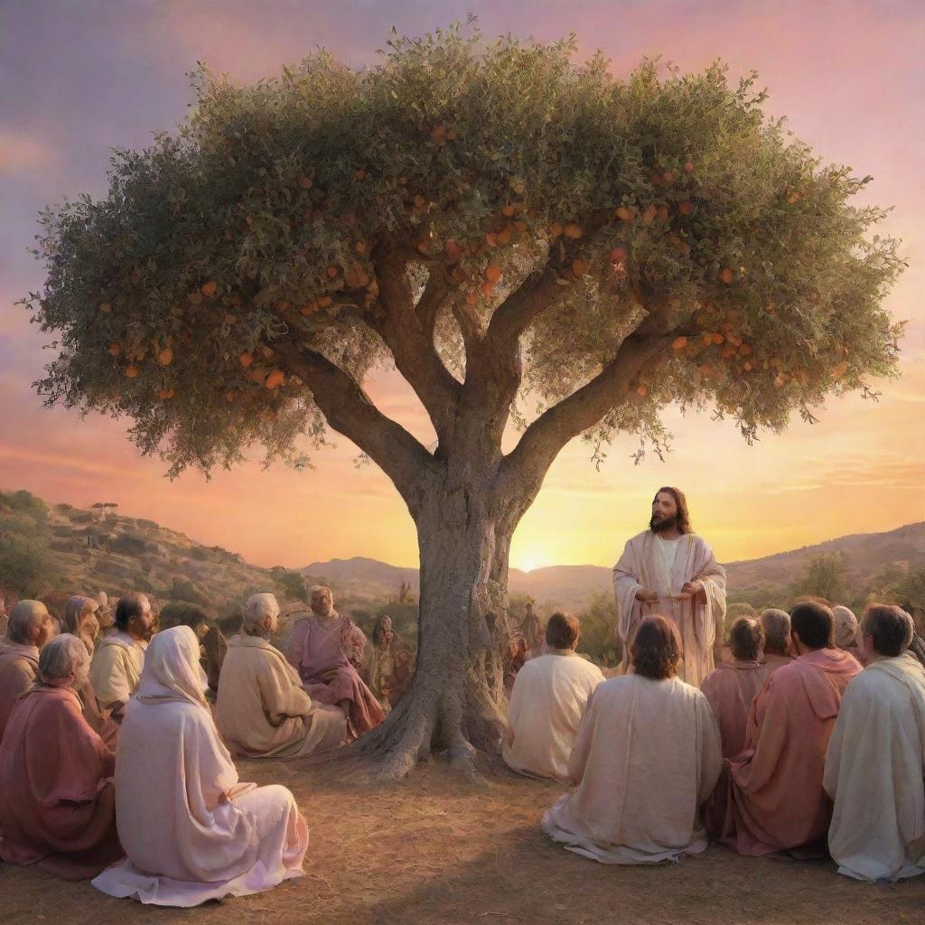 A realistic scene from Biblical times with Jesus teaching a crowd under an olive tree. Sun is setting in the back, coloring the sky with soothing hues of orange and pink.