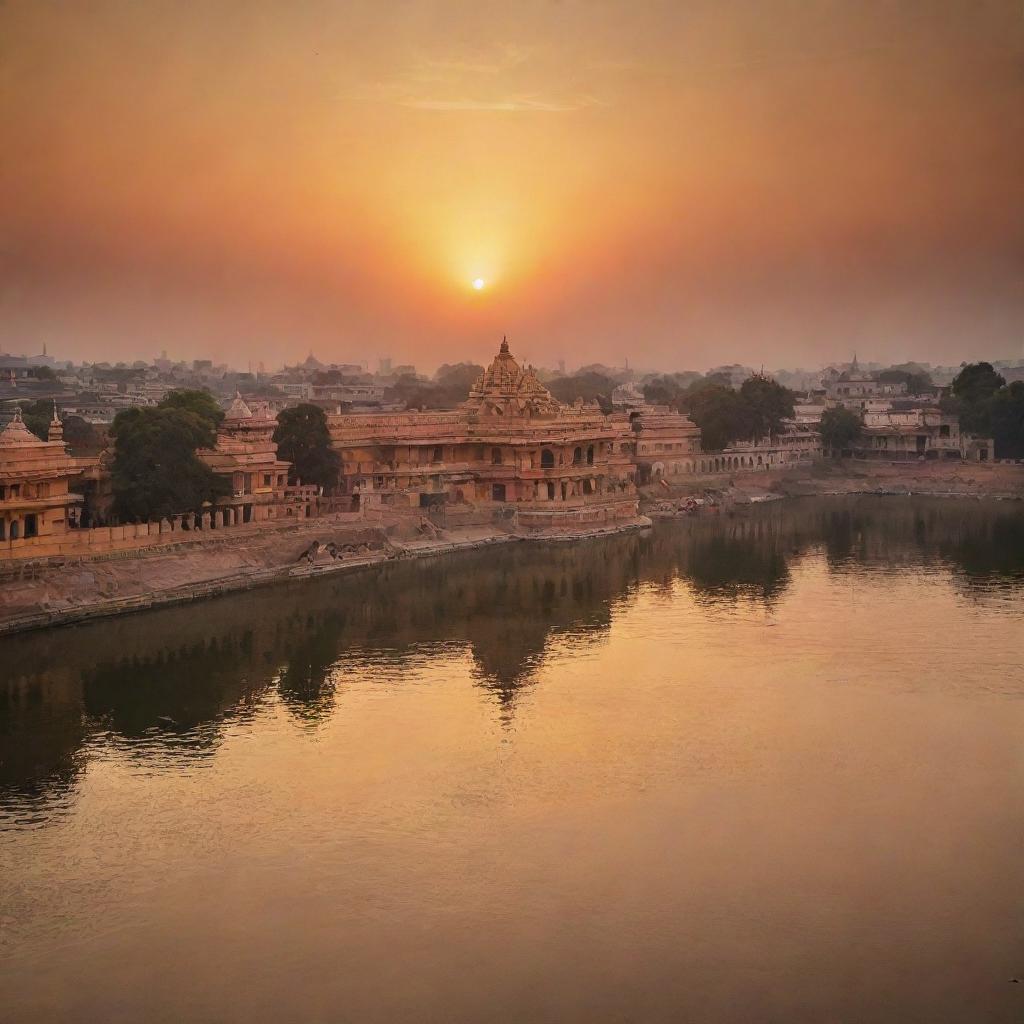 Ayodhya, a significant holy city in Hinduism with beautifully adorned temples and serene river vistas during sunset.