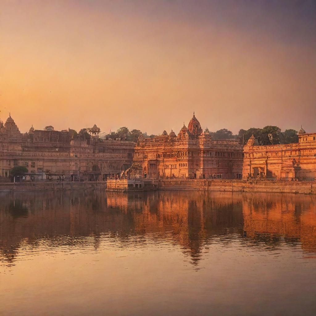 Ayodhya, a significant holy city in Hinduism with beautifully adorned temples and serene river vistas during sunset.