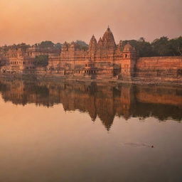 Ayodhya, a significant holy city in Hinduism with beautifully adorned temples and serene river vistas during sunset.