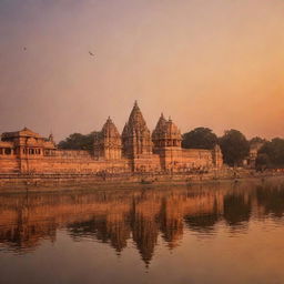 Ayodhya, a significant holy city in Hinduism with beautifully adorned temples and serene river vistas during sunset.