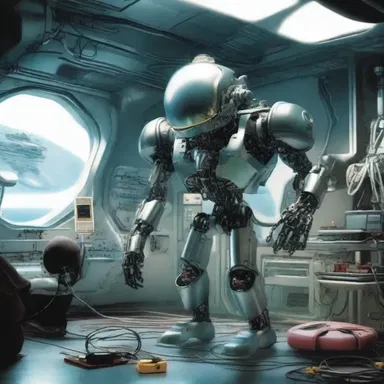 In the science fiction novel, the auto-mechanic was an android programmed to repair and maintain spaceships.