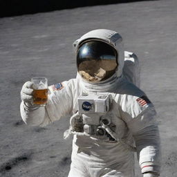 An astronaut in a full space suit, lifting his helmet's visor slightly to sip on a beer, all while standing on the moon's gray, cratered surface.