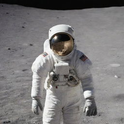 An astronaut in a full space suit, lifting his helmet's visor slightly to sip on a beer, all while standing on the moon's gray, cratered surface.