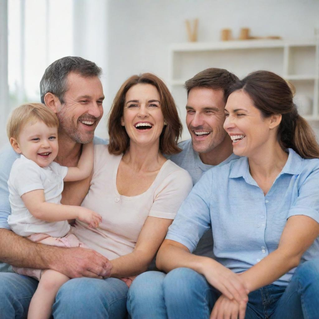 A cheerful family, parents with their children, laughing and embracing each other in a friendly, loving environment.