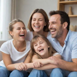 A cheerful family, parents with their children, laughing and embracing each other in a friendly, loving environment.