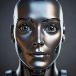 A precise, high-tech AI robot face, with a metallic finish, illuminated eyes, and advanced facial features depicting artificial intelligence.