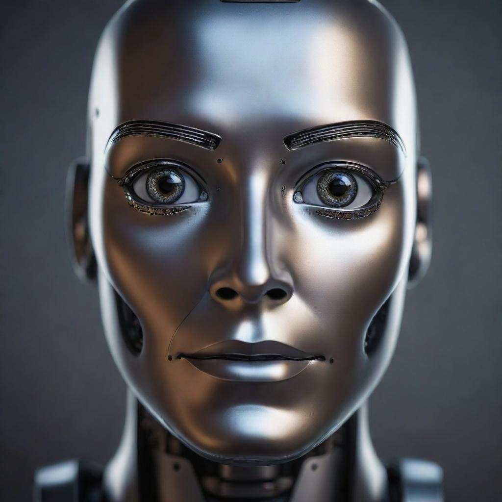 A precise, high-tech AI robot face, with a metallic finish, illuminated eyes, and advanced facial features depicting artificial intelligence.