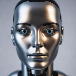 A precise, high-tech AI robot face, with a metallic finish, illuminated eyes, and advanced facial features depicting artificial intelligence.