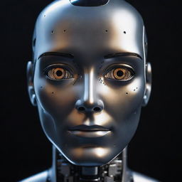 A precise, high-tech AI robot face, with a metallic finish, illuminated eyes, and advanced facial features depicting artificial intelligence.