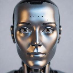 A precise, high-tech AI robot face, with a metallic finish, illuminated eyes, and advanced facial features depicting artificial intelligence.