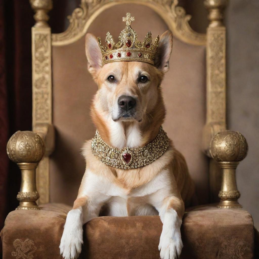 A majestic canine adorned with a golden crown and royal garb, sitting nobly on a grand throne.