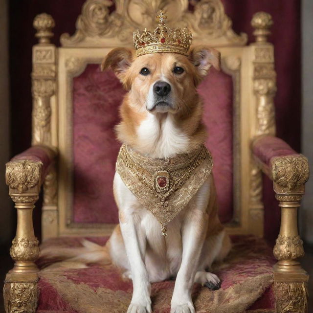 A majestic canine adorned with a golden crown and royal garb, sitting nobly on a grand throne.