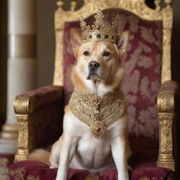 A majestic canine adorned with a golden crown and royal garb, sitting nobly on a grand throne.