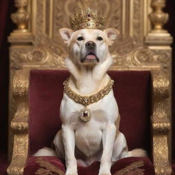 A majestic canine adorned with a golden crown and royal garb, sitting nobly on a grand throne.