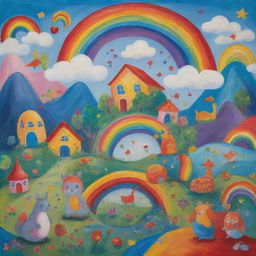 A playful and vibrant children's painting featuring whimsical creatures, magical landscapes, and a rainbow of colors.