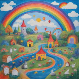 A playful and vibrant children's painting featuring whimsical creatures, magical landscapes, and a rainbow of colors.