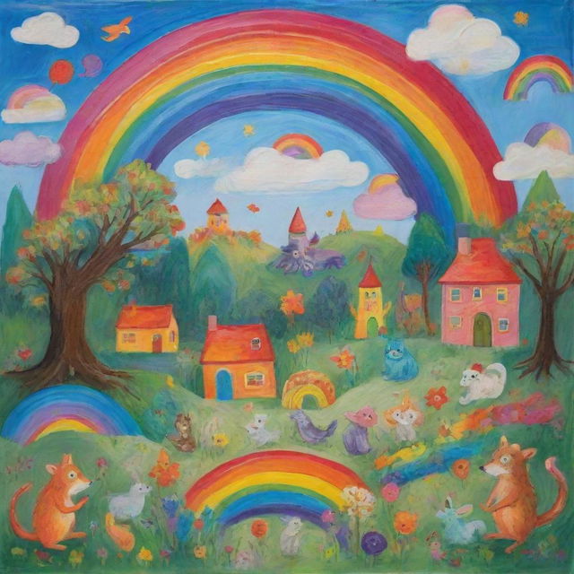 A playful and vibrant children's painting featuring whimsical creatures, magical landscapes, and a rainbow of colors.