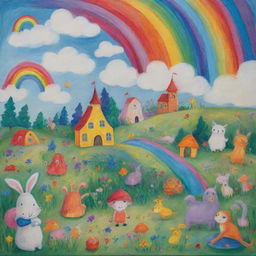 A playful and vibrant children's painting featuring whimsical creatures, magical landscapes, and a rainbow of colors.