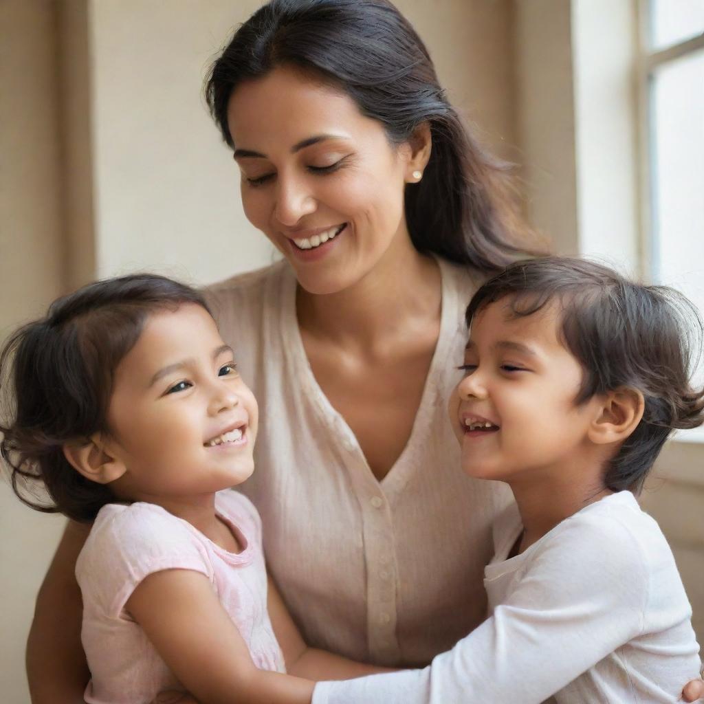 A charming mother with a warm smile, exuding a nurturing aura, while sharing a heartwarming moment with her children.