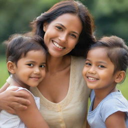 A charming mother with a warm smile, exuding a nurturing aura, while sharing a heartwarming moment with her children.