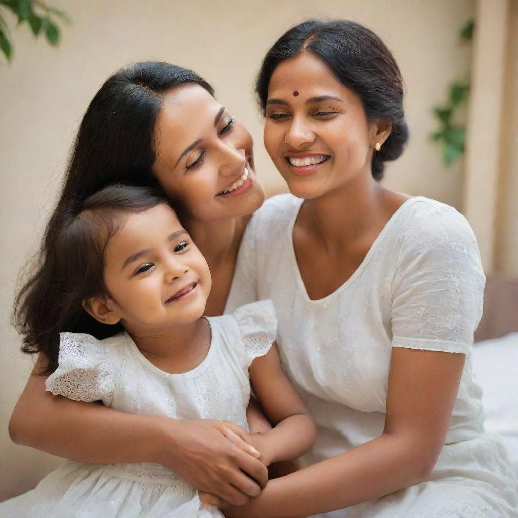 A charming mother with a warm smile, exuding a nurturing aura, while sharing a heartwarming moment with her children.