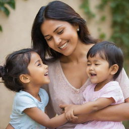 A charming mother with a warm smile, exuding a nurturing aura, while sharing a heartwarming moment with her children.