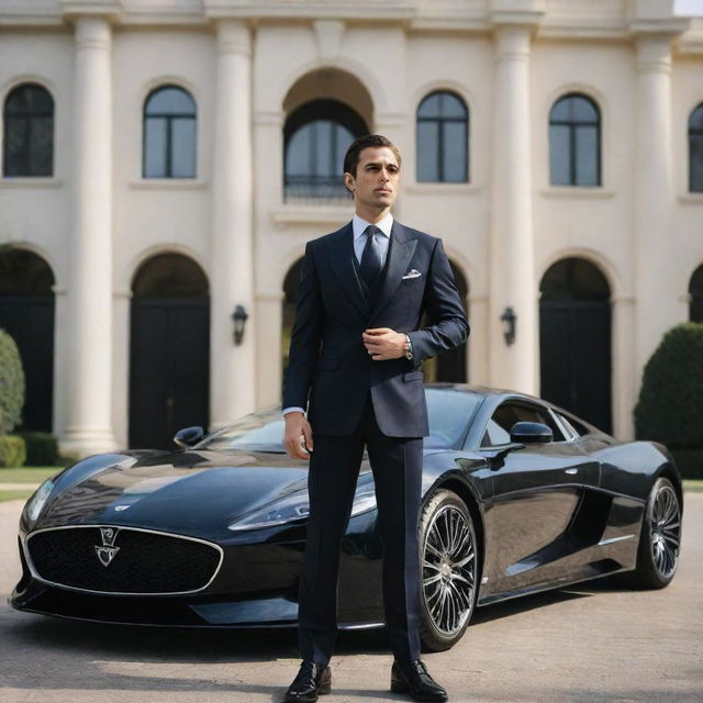 A sophisticated man in a sharp tailored suit, standing assertively in front of an opulent mansion and a luxury car, signifying the wealth of the world's richest man.