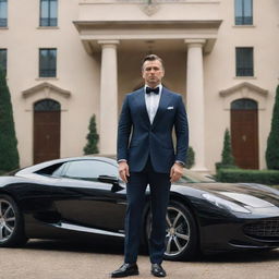 A sophisticated man in a sharp tailored suit, standing assertively in front of an opulent mansion and a luxury car, signifying the wealth of the world's richest man.