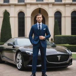 A sophisticated man in a sharp tailored suit, standing assertively in front of an opulent mansion and a luxury car, signifying the wealth of the world's richest man.