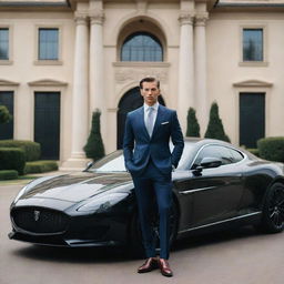 A sophisticated man in a sharp tailored suit, standing assertively in front of an opulent mansion and a luxury car, signifying the wealth of the world's richest man.