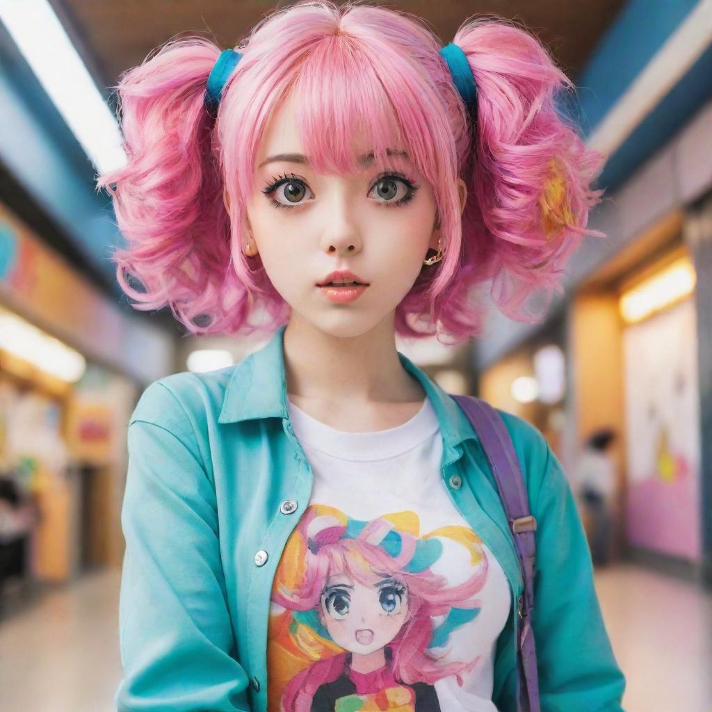 An anime style girl with large, expressive eyes, colorful hair, and wearing a trendy, cute outfit in a bright, lively setting.