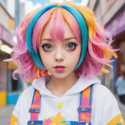 An anime style girl with large, expressive eyes, colorful hair, and wearing a trendy, cute outfit in a bright, lively setting.