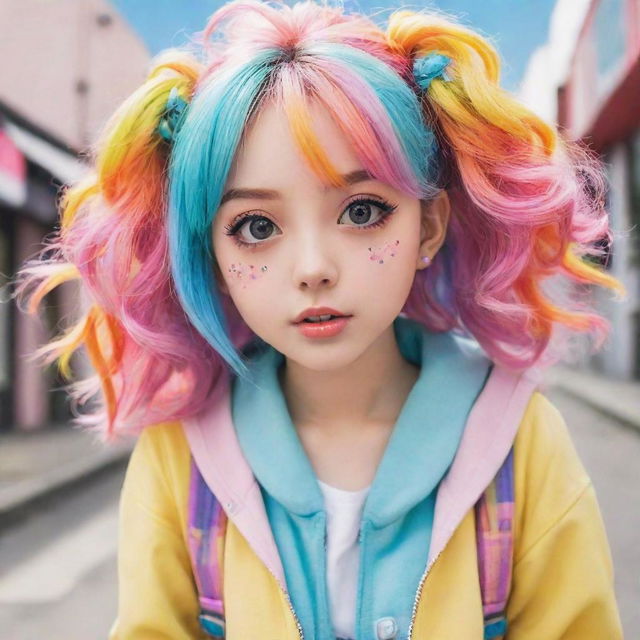 An anime style girl with large, expressive eyes, colorful hair, and wearing a trendy, cute outfit in a bright, lively setting.