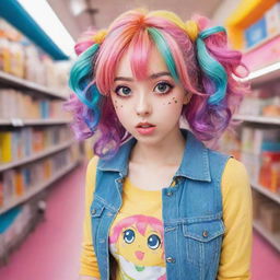 An anime style girl with large, expressive eyes, colorful hair, and wearing a trendy, cute outfit in a bright, lively setting.