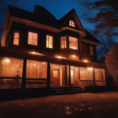 The haunted house was decorated in a festive manner, with spooky spider webs, frightening props, and eerie music playing in the background.