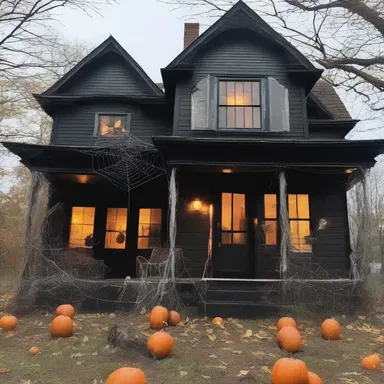The haunted house was decorated in a festive manner, with spooky spider webs, frightening props, and eerie music playing in the background.