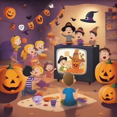 The children gathered around the TV, watching their favorite cartoon characters celebrate a festive Halloween party together.