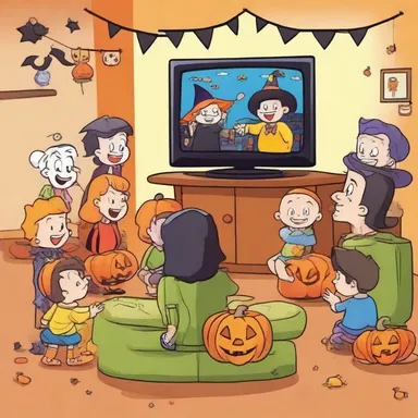 The children gathered around the TV, watching their favorite cartoon characters celebrate a festive Halloween party together.